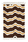 Load image into Gallery viewer, Twin Tide wavy wool rug, cream waves and ochre yellow lines on dark espresso brown, full view
