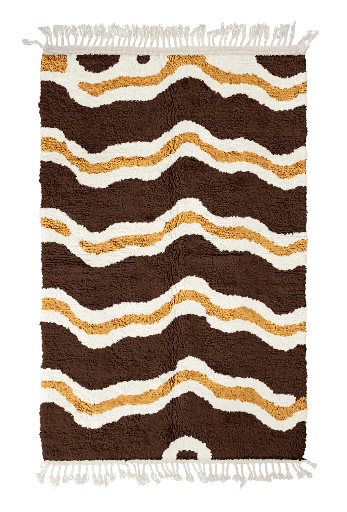 Twin Tide wavy wool rug, cream waves and ochre yellow lines on dark espresso brown, full view