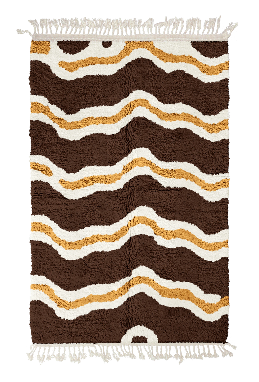 Twin Tide wavy wool rug, cream waves and ochre yellow lines on dark espresso brown, full view