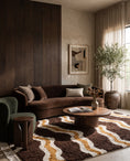 Load image into Gallery viewer, Cream, Ochre Yellow and Dark Brown wavy wool rug in a furnished room
