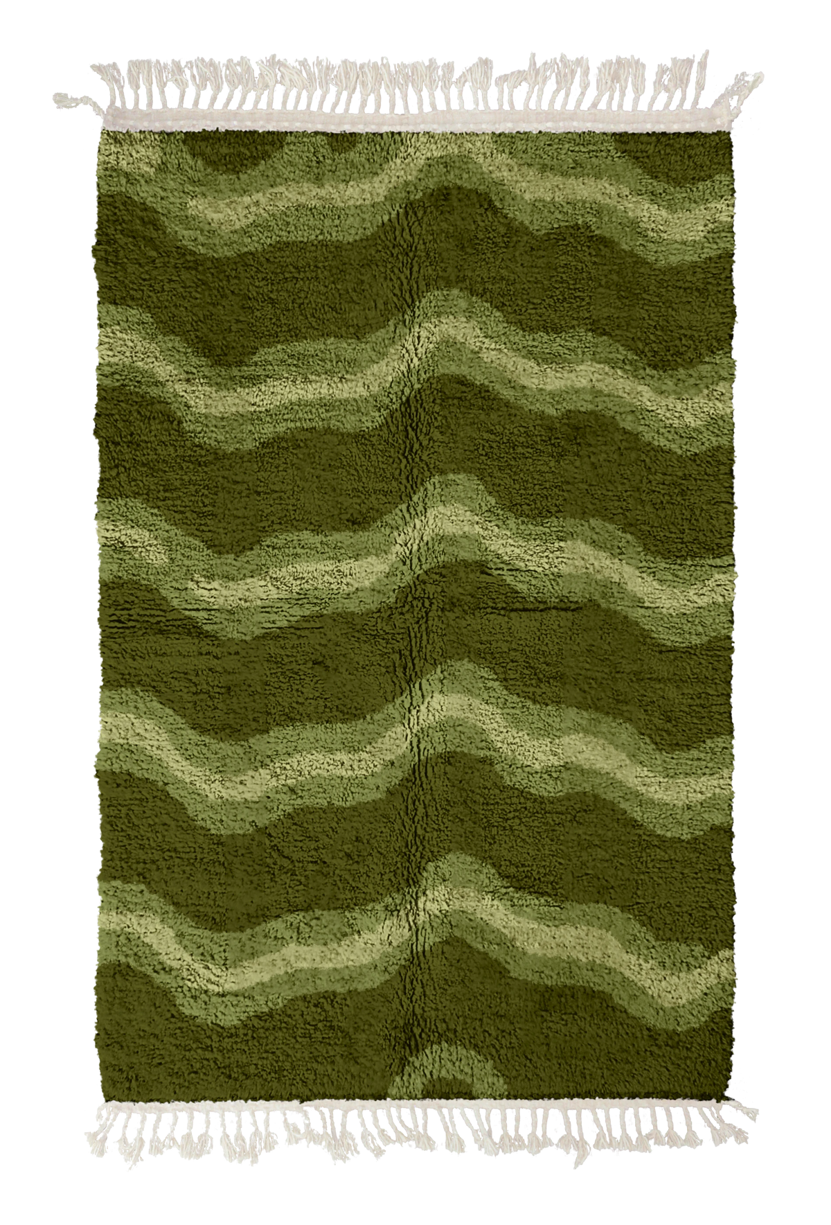 Twin Tide wavy wool rug, moss green waves and sage olive lines on olive green, full view