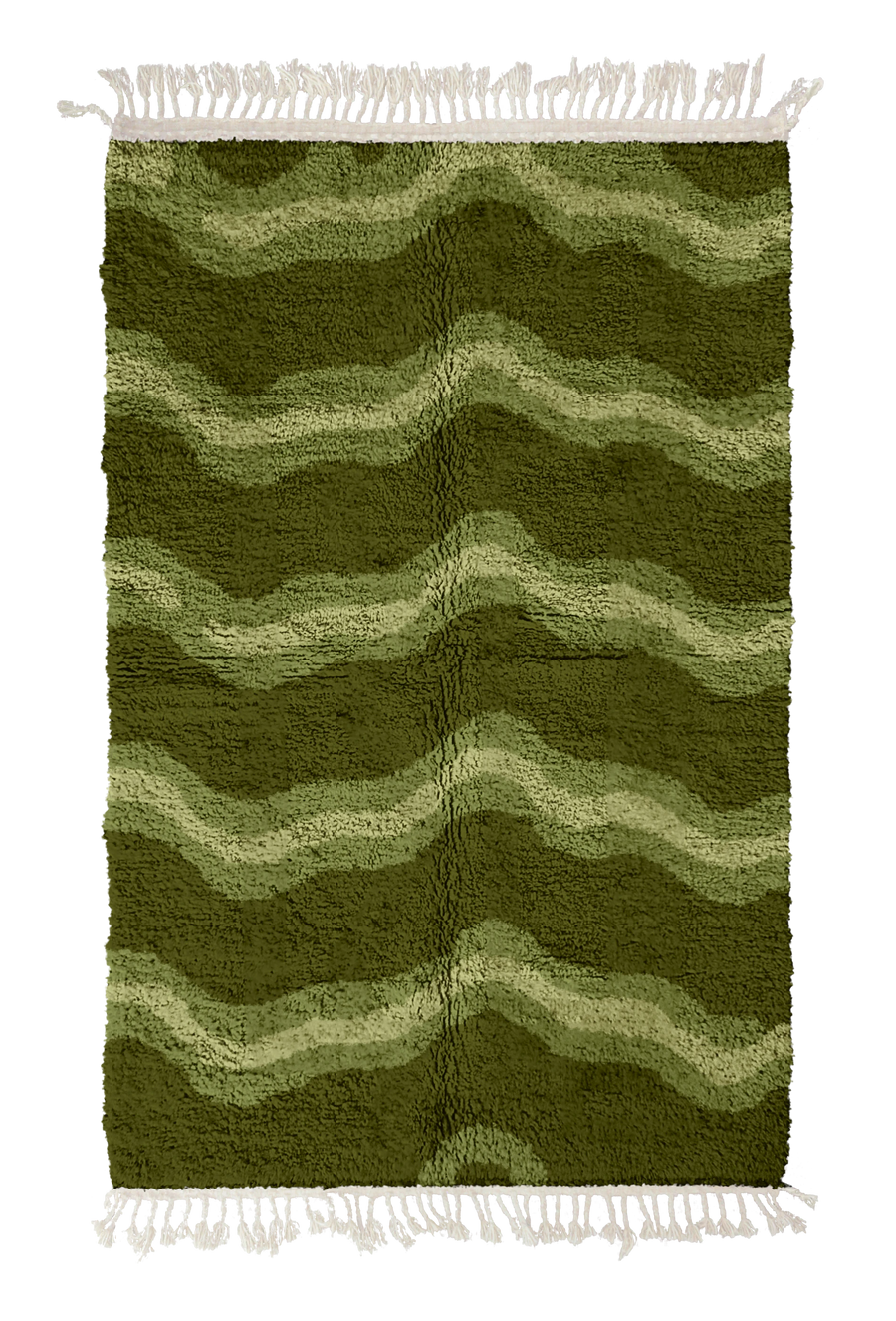 Twin Tide wavy wool rug, moss green waves and sage olive lines on olive green, full view