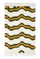 Twin Tide wavy wool rug, olive green waves and ochre yellow lines on cream, full view