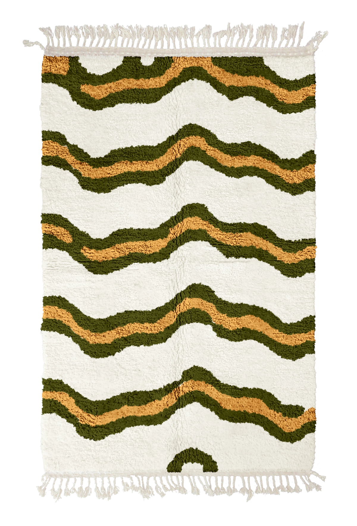 Twin Tide wavy wool rug, olive green waves and ochre yellow lines on cream, full view