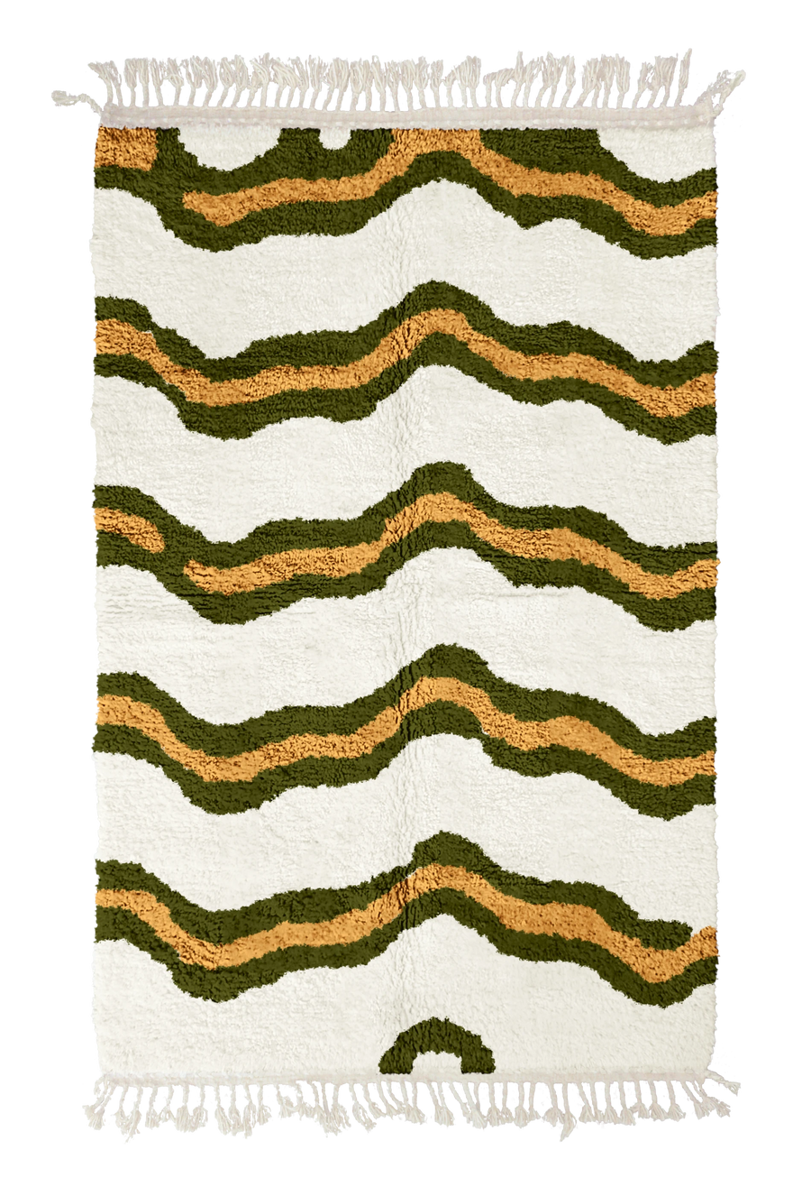 Twin Tide wavy wool rug, olive green waves and ochre yellow lines on cream, full view
