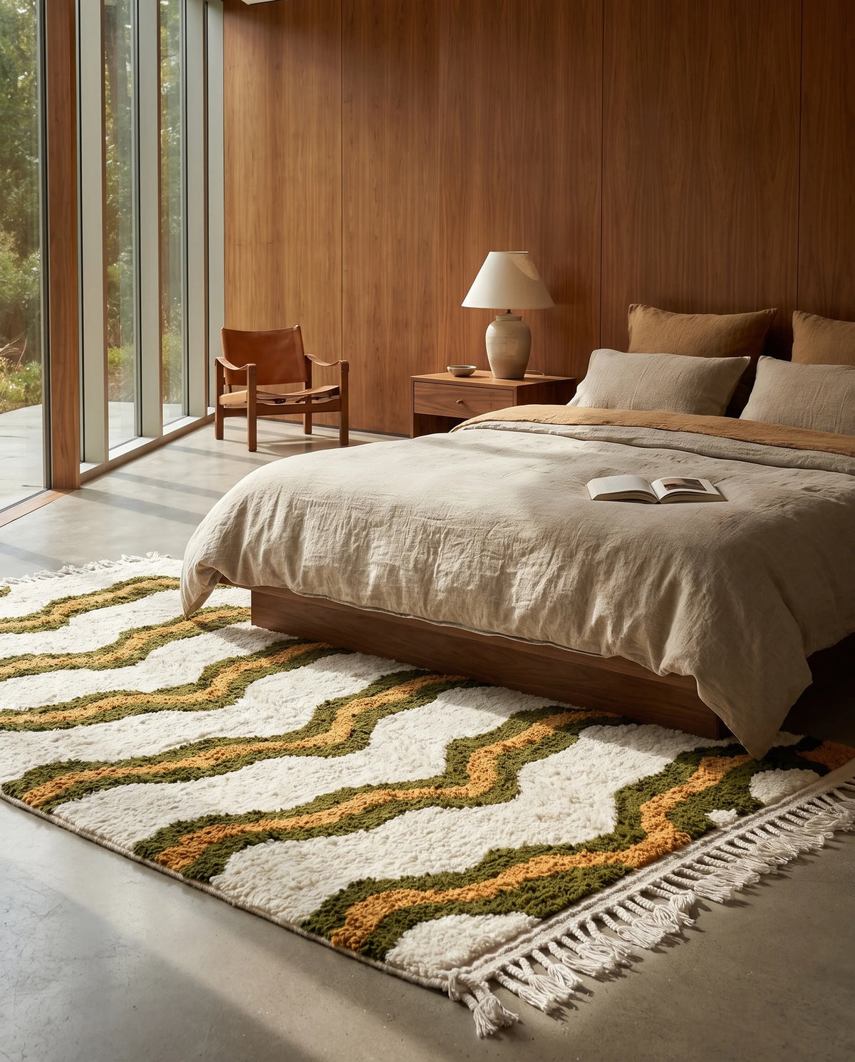 Olive Green, Ochre Yellow and Cream wavy wool rug in a furnished room