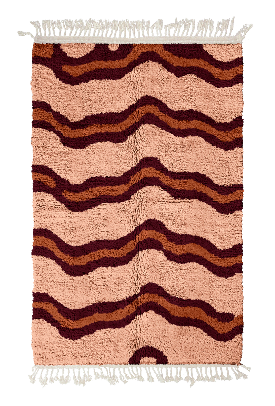Twin Tide wavy wool rug, oxblood red waves and terracotta lines on blush pink, full view
