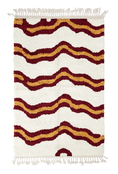 Load image into Gallery viewer, Twin Tide wavy wool rug, burgundy waves and ochre yellow lines on cream, full view
