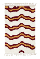 Twin Tide wavy wool rug, burgundy waves and ochre yellow lines on cream, full view