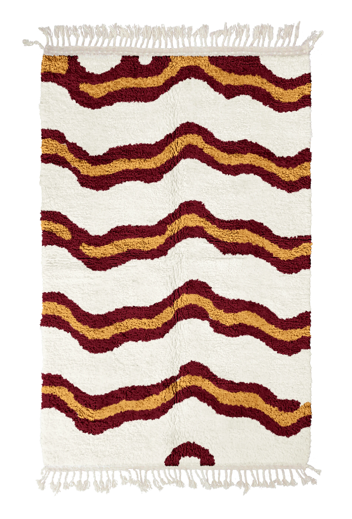 Twin Tide wavy wool rug, burgundy waves and ochre yellow lines on cream, full view