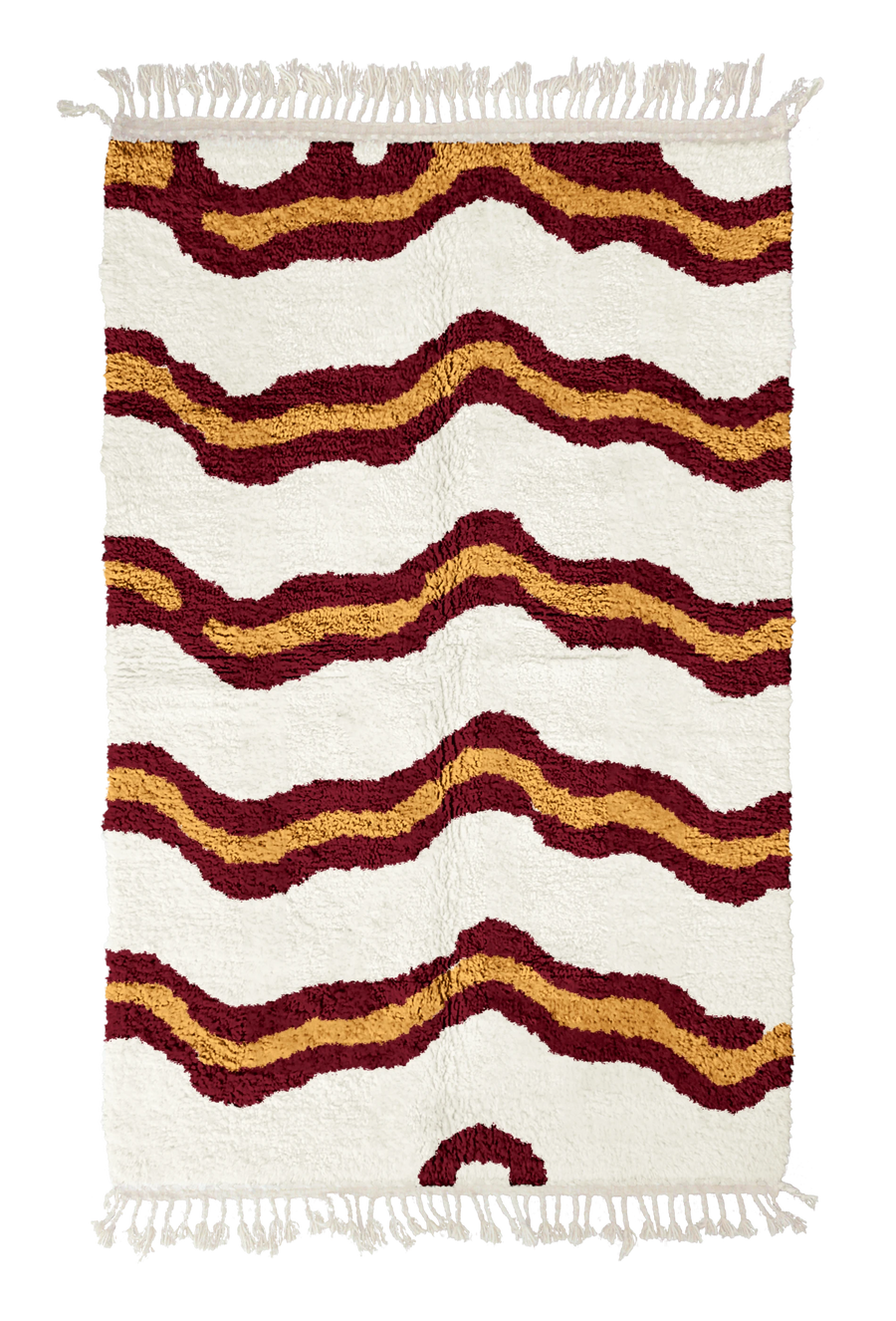 Twin Tide wavy wool rug, burgundy waves and ochre yellow lines on cream, full view