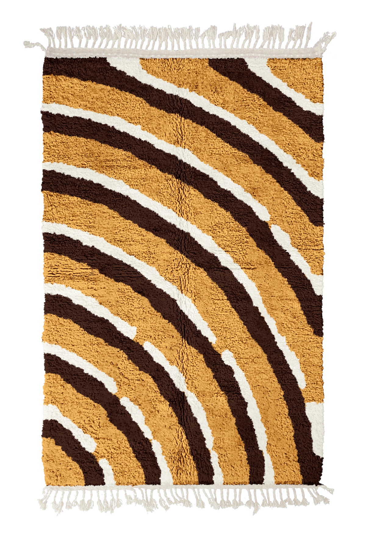 Pool Tide wavy wool rug, dark brown waves and cream lines on ochre yellow, full view