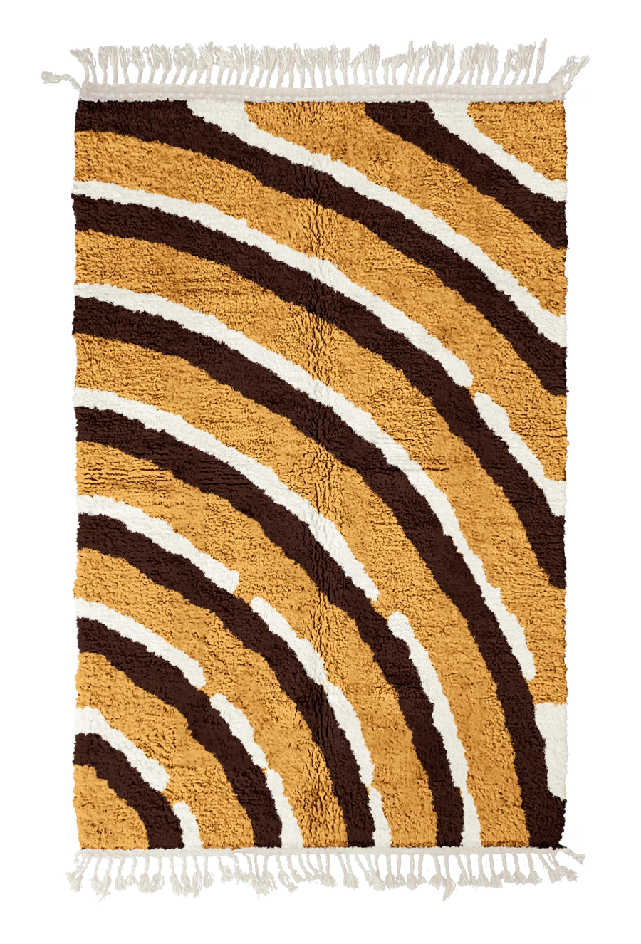 Pool Tide wavy wool rug, dark brown waves and cream lines on ochre yellow, full view