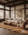 Load image into Gallery viewer, Brown, Cream and Ochre Yellow wavy wool rug in a furnished room
