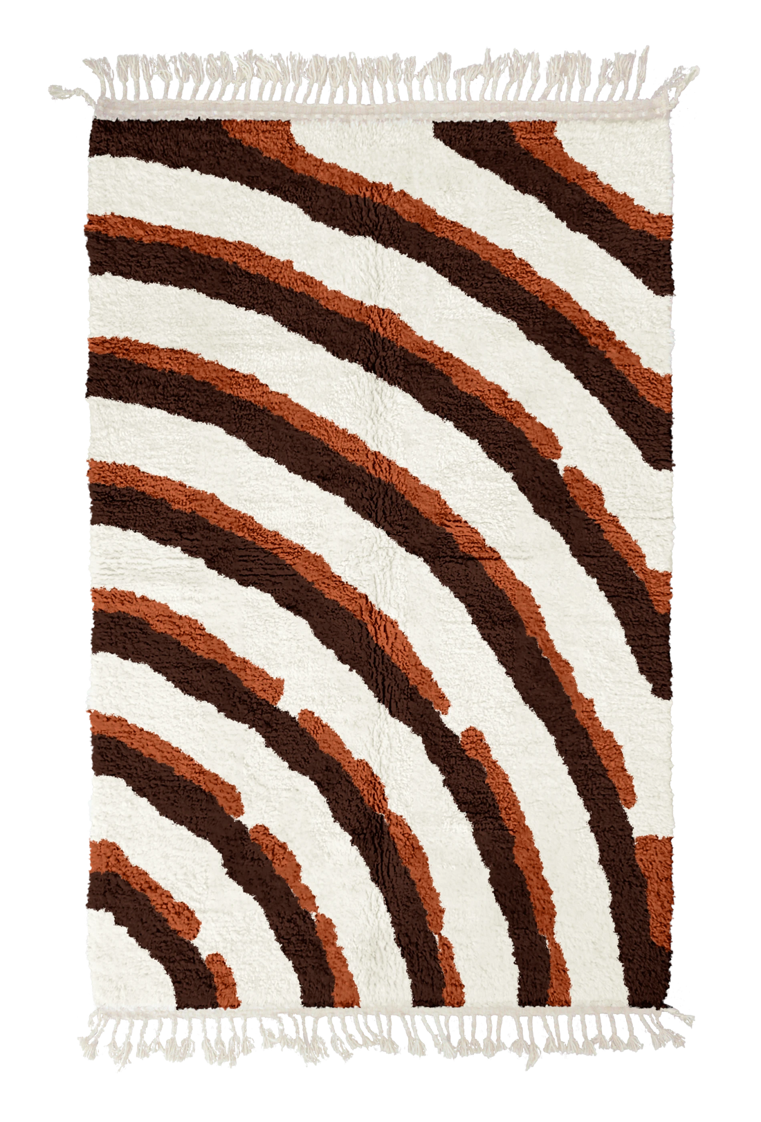 Pool Tide wavy wool rug, dark brown waves and terracotta lines on cream, full view