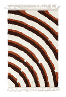 Pool Tide wavy wool rug, dark brown waves and terracotta lines on cream, full view