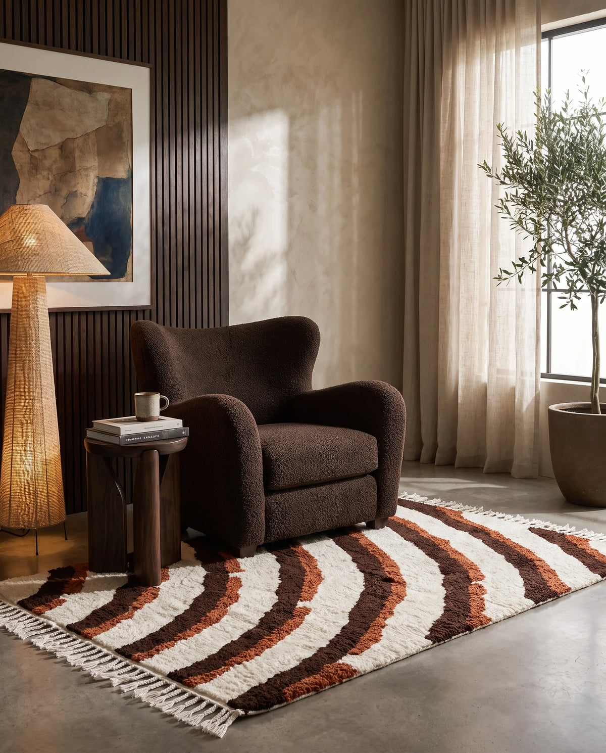 Brown, Terracotta and Cream wavy wool rug in a furnished room