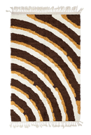 Pool Tide wavy wool rug, cream waves and ochre yellow lines on dark espresso brown, full view