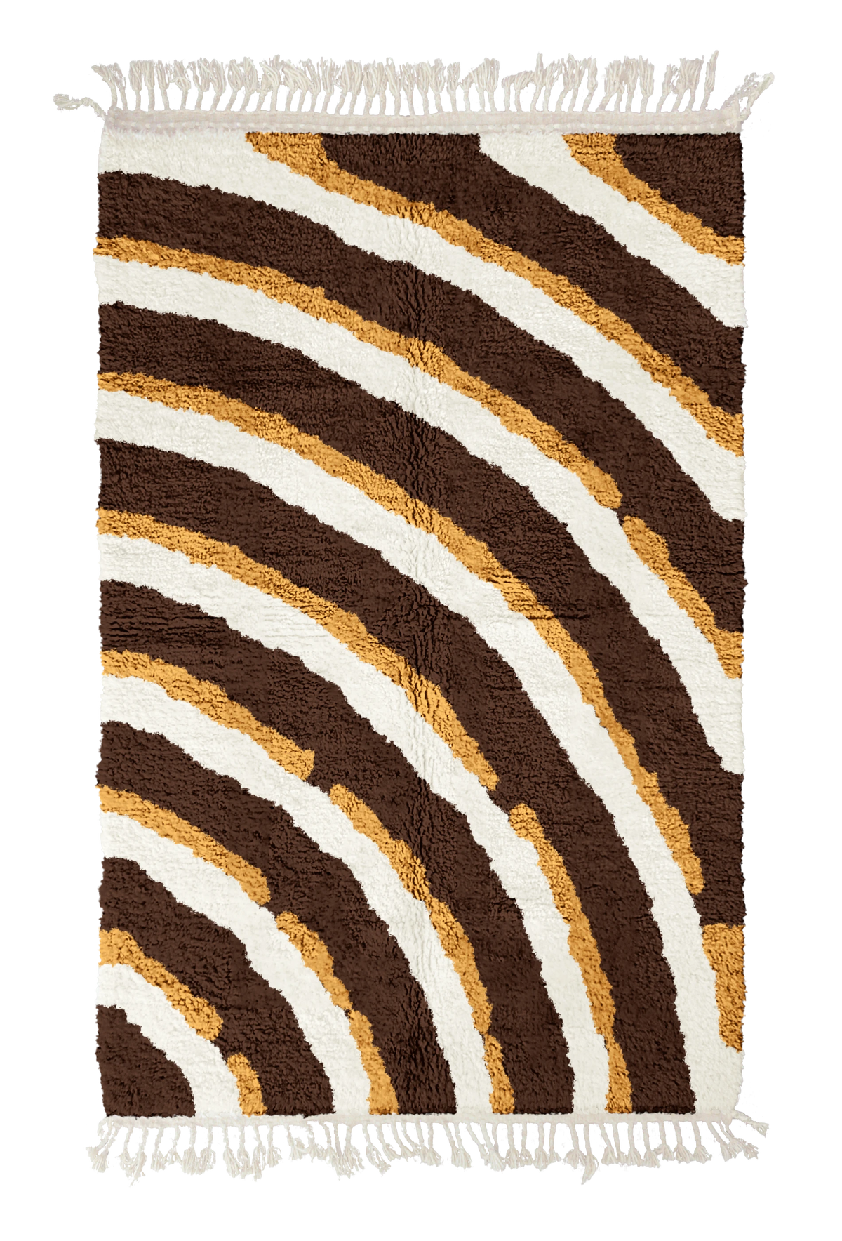 Pool Tide wavy wool rug, cream waves and ochre yellow lines on dark espresso brown, full view