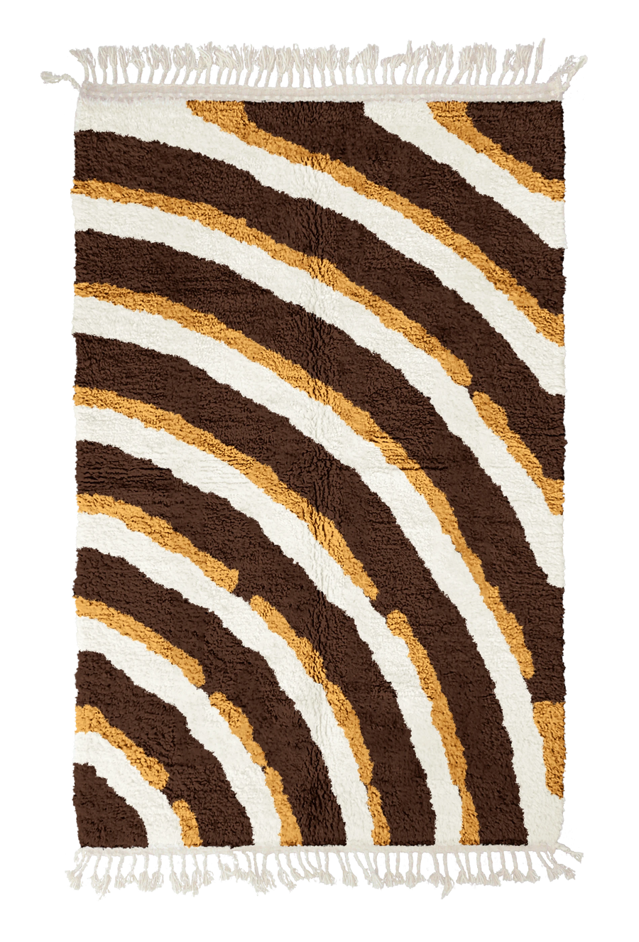 Pool Tide wavy wool rug, cream waves and ochre yellow lines on dark espresso brown, full view