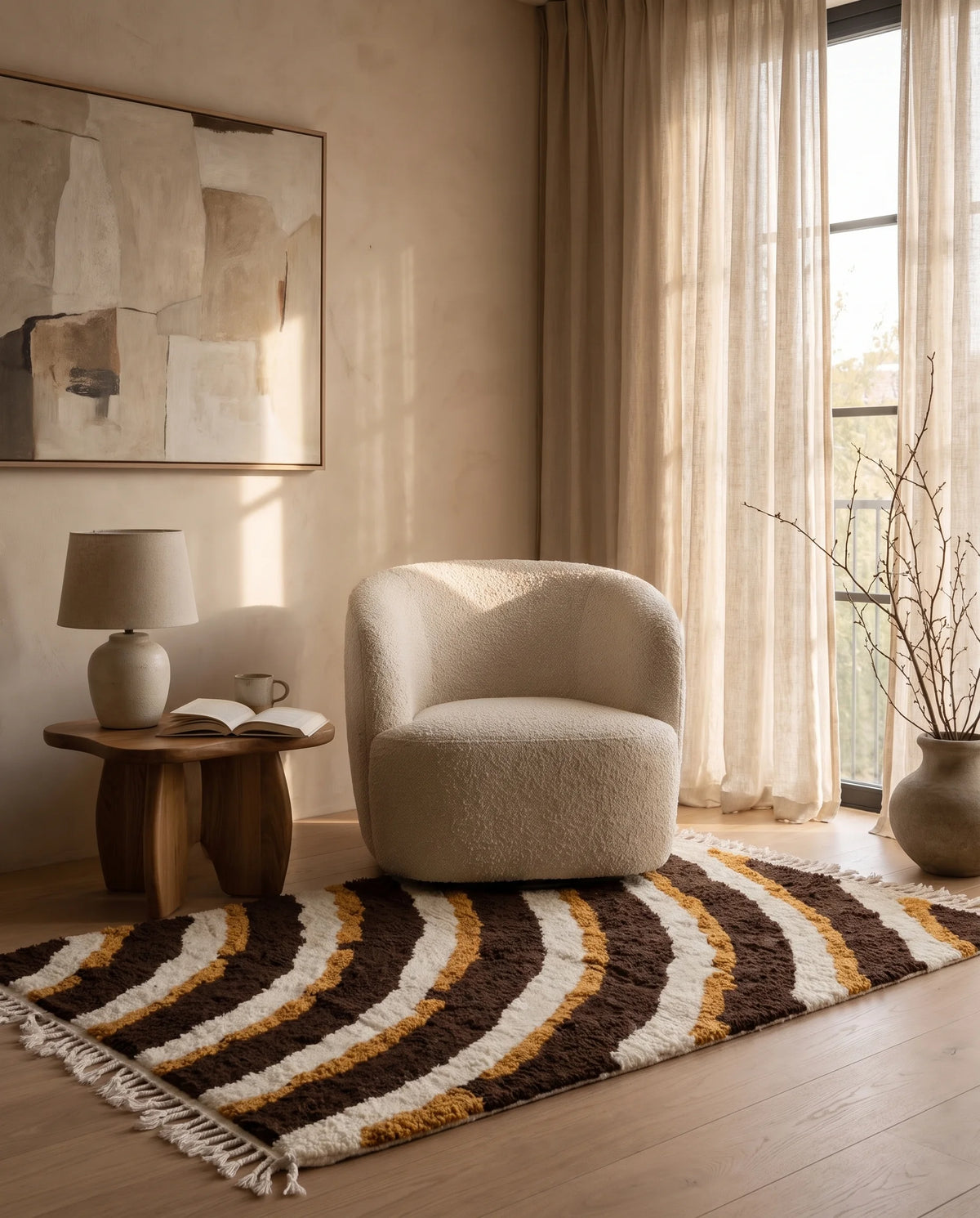 Cream, Ochre Yellow and Dark Brown wavy wool rug in a furnished room