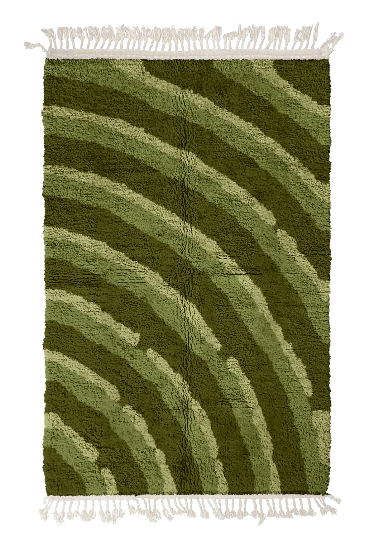 Pool Tide wavy wool rug, moss green waves and sage olive lines on olive green, full view