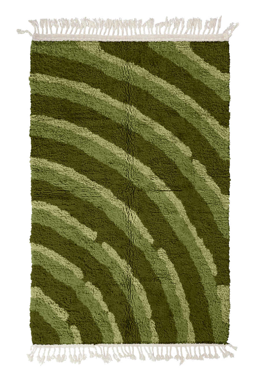 Pool Tide wavy wool rug, moss green waves and sage olive lines on olive green, full view