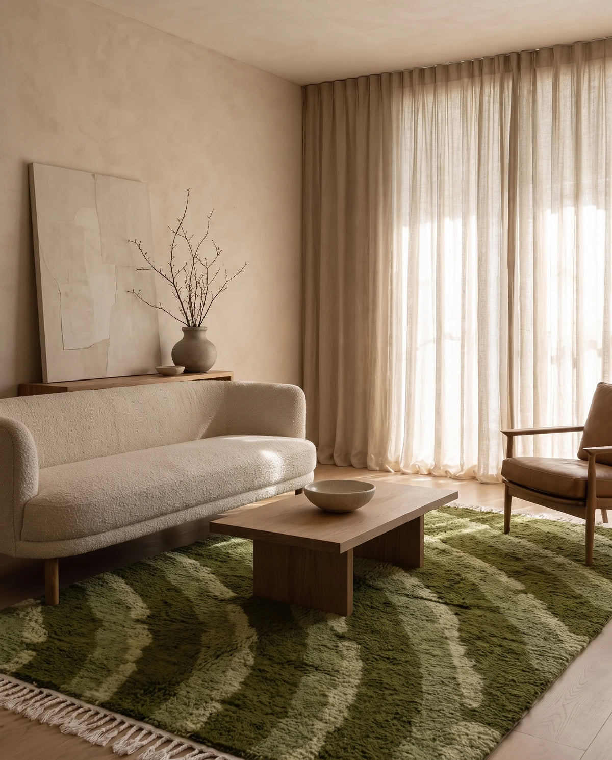 Moss, Sage and Olive Green wavy wool rug in a furnished room