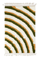 Pool Tide wavy wool rug, olive green waves and ochre yellow lines on cream, full view