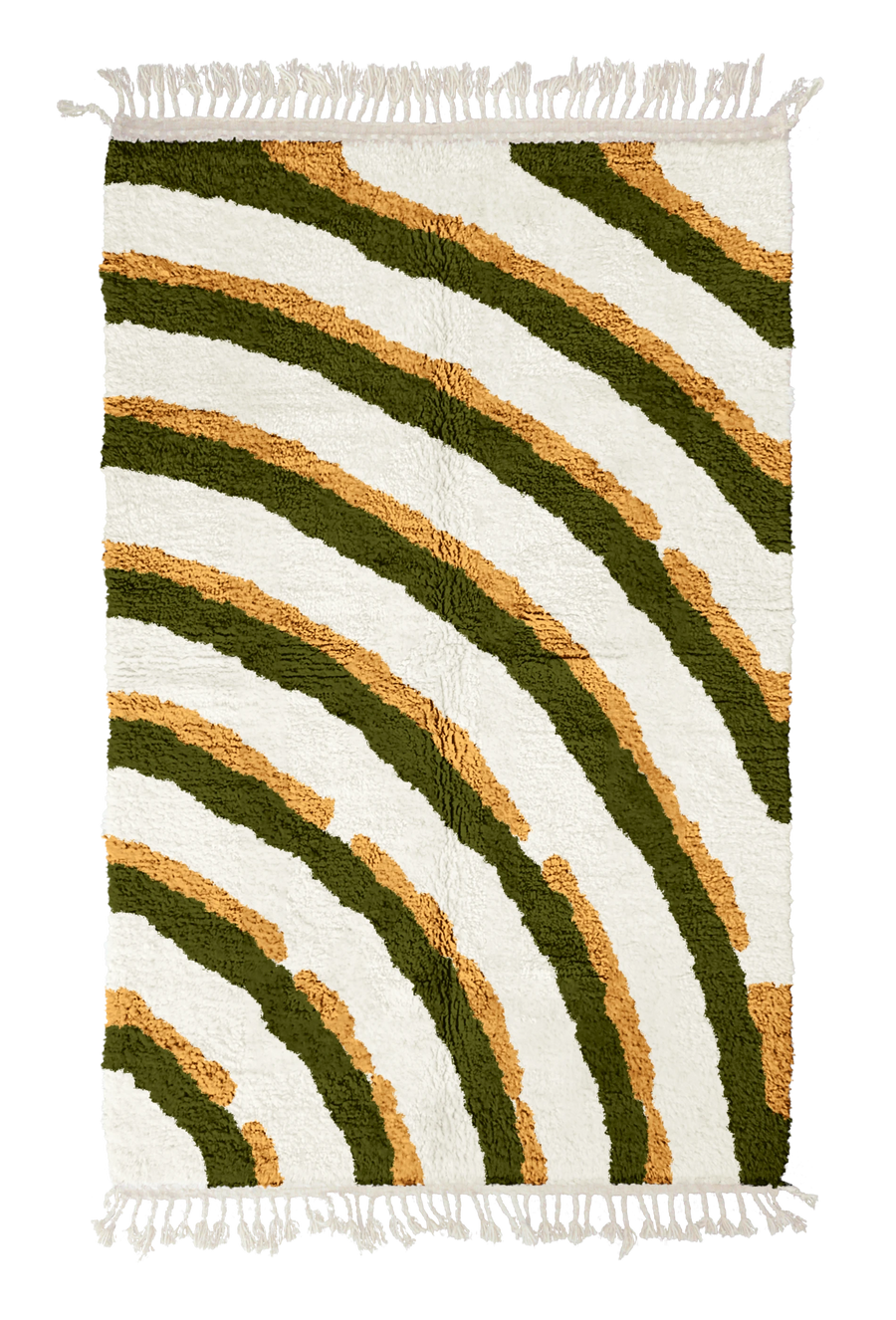 Pool Tide wavy wool rug, olive green waves and ochre yellow lines on cream, full view