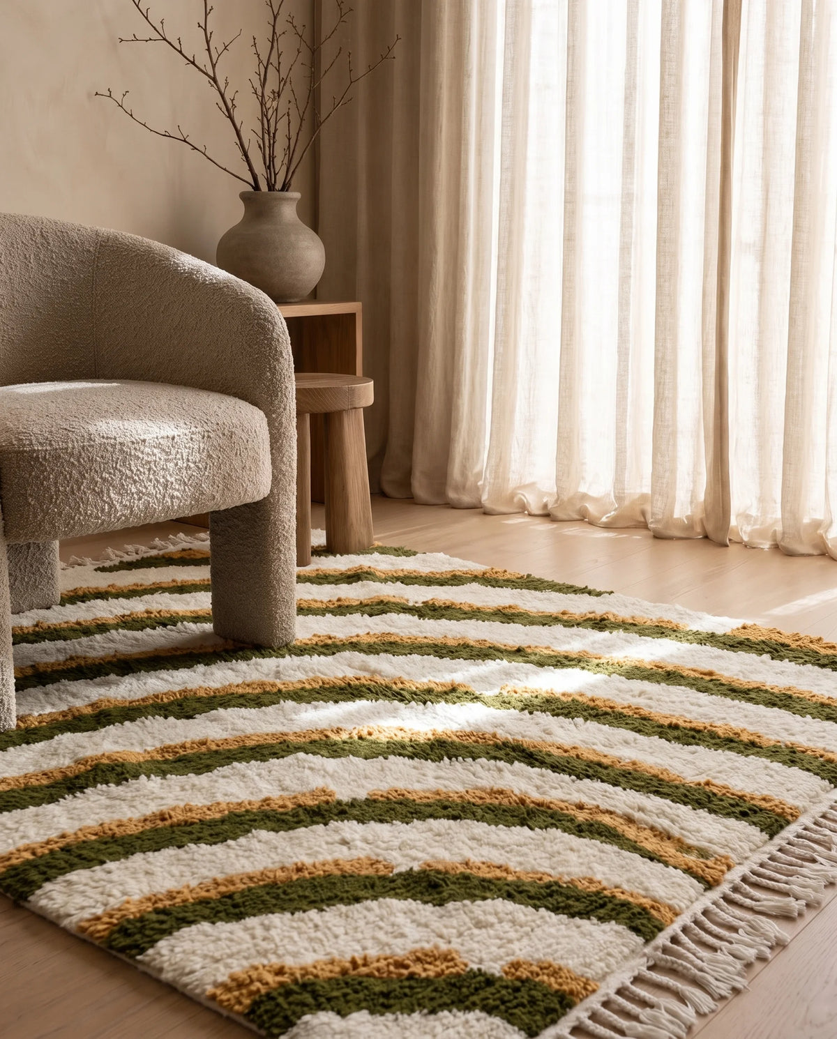 Olive Green, Ochre Yellow and Cream wavy wool rug in a furnished room