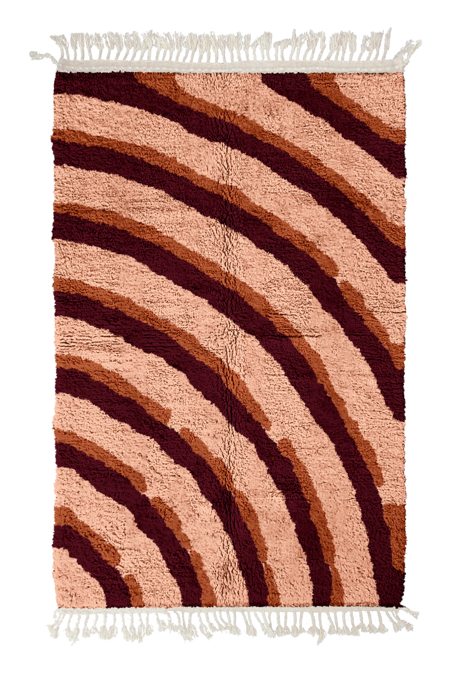 Pool Tide wavy wool rug, oxblood red waves and terracotta lines on blush pink, full view