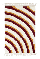 Pool Tide wavy wool rug, burgundy waves and ochre yellow lines on cream, full view