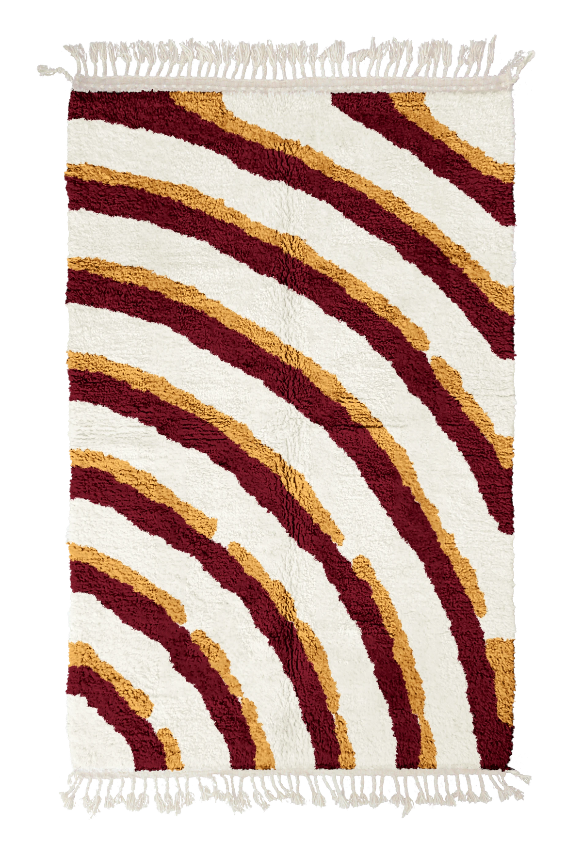Pool Tide wavy wool rug, burgundy waves and ochre yellow lines on cream, full view