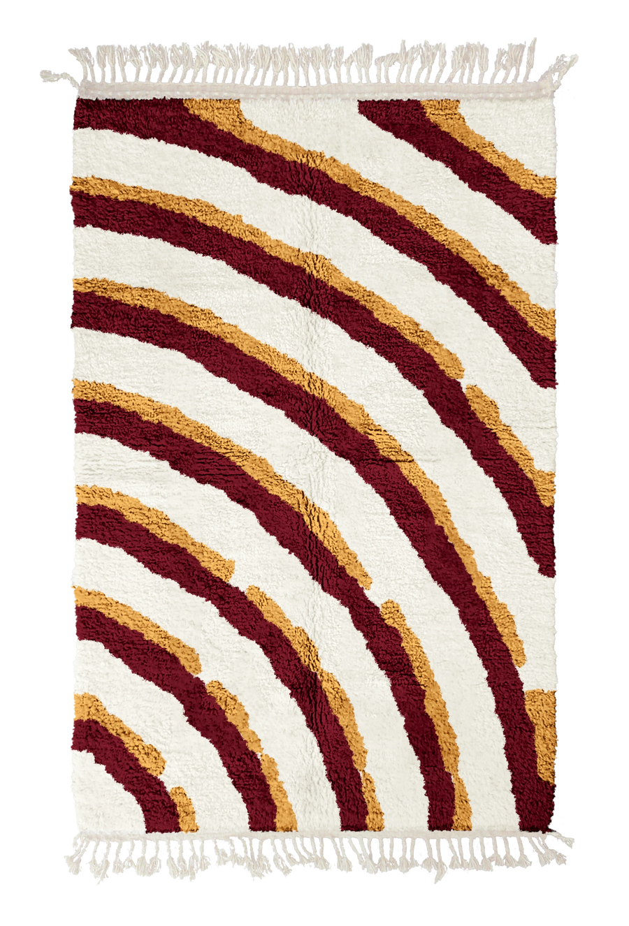 Pool Tide wavy wool rug, burgundy waves and ochre yellow lines on cream, full view