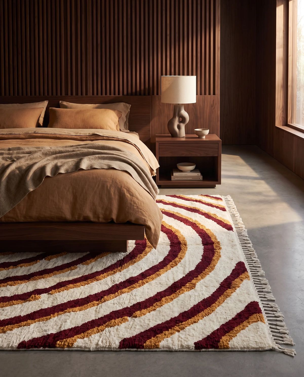 Burgundy, Ochre Yellow and Cream wavy wool rug in a furnished room