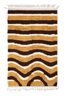 Rising Tide wavy wool rug, dark brown waves and cream lines on ochre yellow, full view