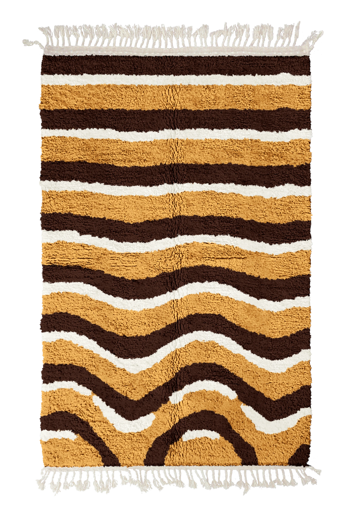 Rising Tide wavy wool rug, dark brown waves and cream lines on ochre yellow, full view