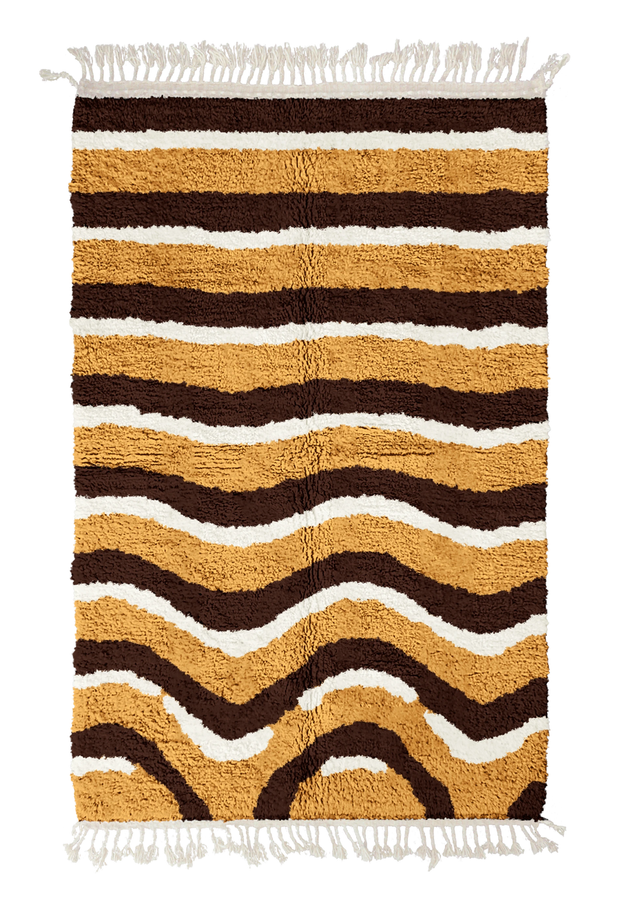 Rising Tide wavy wool rug, dark brown waves and cream lines on ochre yellow, full view