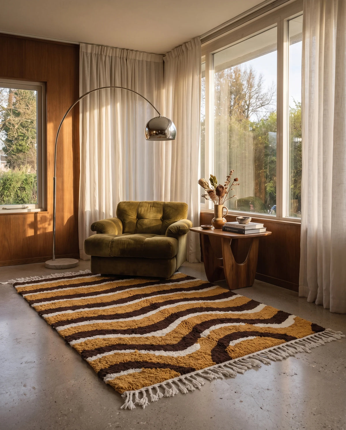 Brown, Cream and Ochre Yellow wavy wool rug in a furnished room