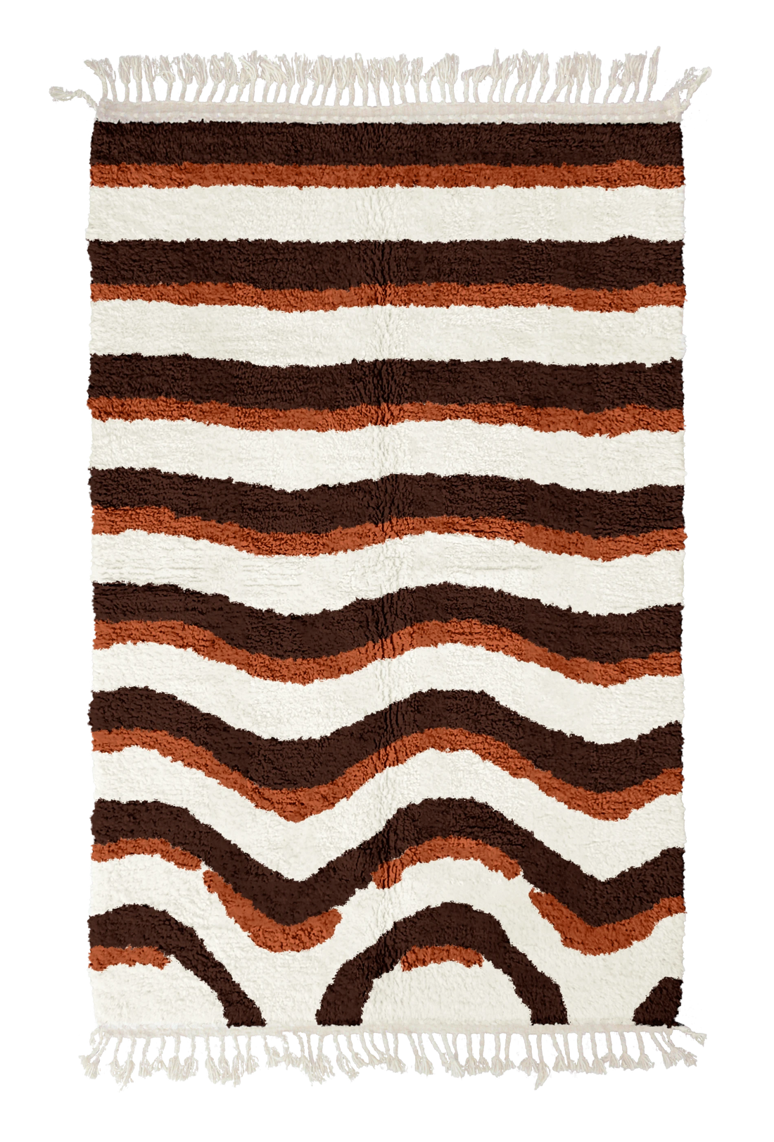 Rising Tide wavy wool rug, dark brown waves and terracotta lines on cream, full view