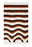 Rising Tide wavy wool rug, dark brown waves and terracotta lines on cream, full view
