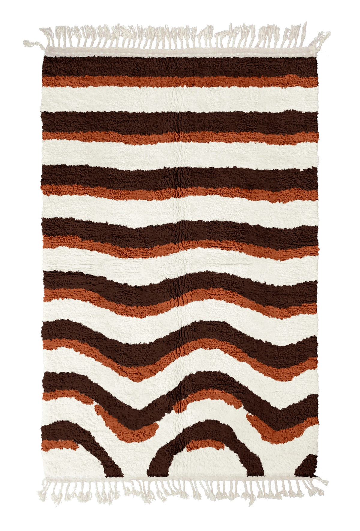 Rising Tide wavy wool rug, dark brown waves and terracotta lines on cream, full view