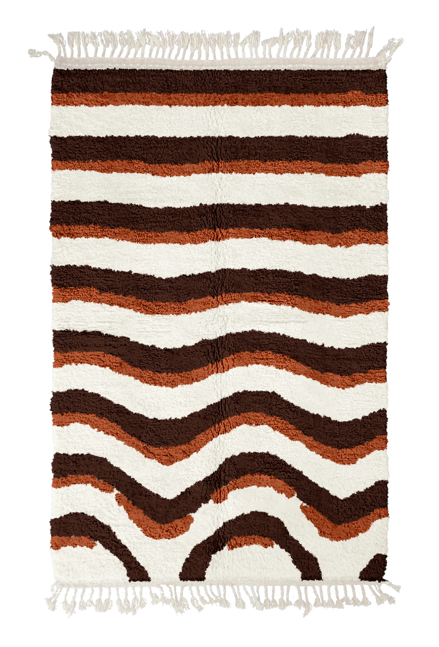 Rising Tide wavy wool rug, dark brown waves and terracotta lines on cream, full view