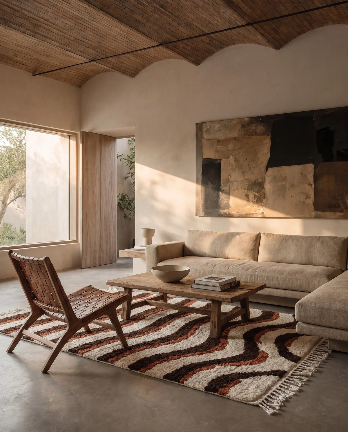 Brown, Terracotta and Cream wavy wool rug in a furnished room