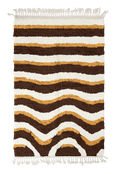 Load image into Gallery viewer, Rising Tide wavy wool rug, cream waves and ochre yellow lines on dark espresso brown, full view
