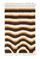 Rising Tide wavy wool rug, cream waves and ochre yellow lines on dark espresso brown, full view