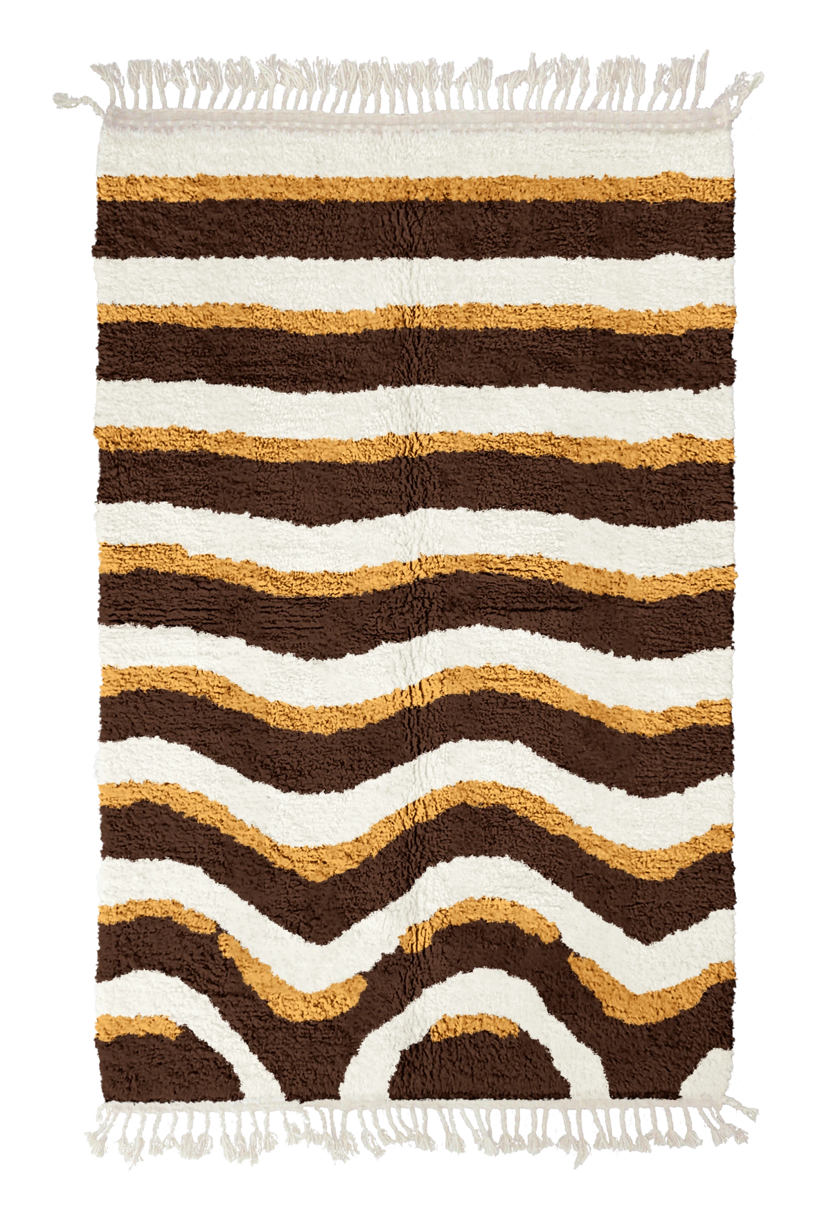 Rising Tide wavy wool rug, cream waves and ochre yellow lines on dark espresso brown, full view