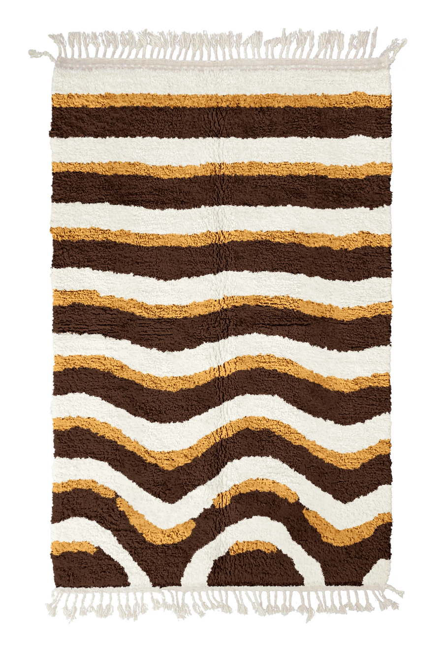 Rising Tide wavy wool rug, cream waves and ochre yellow lines on dark espresso brown, full view