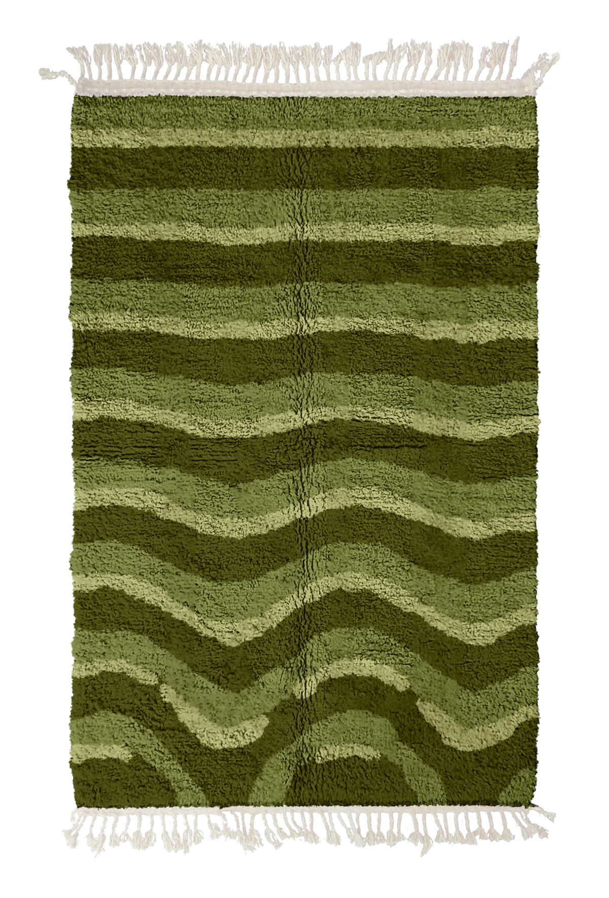 Rising Tide wavy wool rug, moss green waves and sage olive lines on olive green, full view